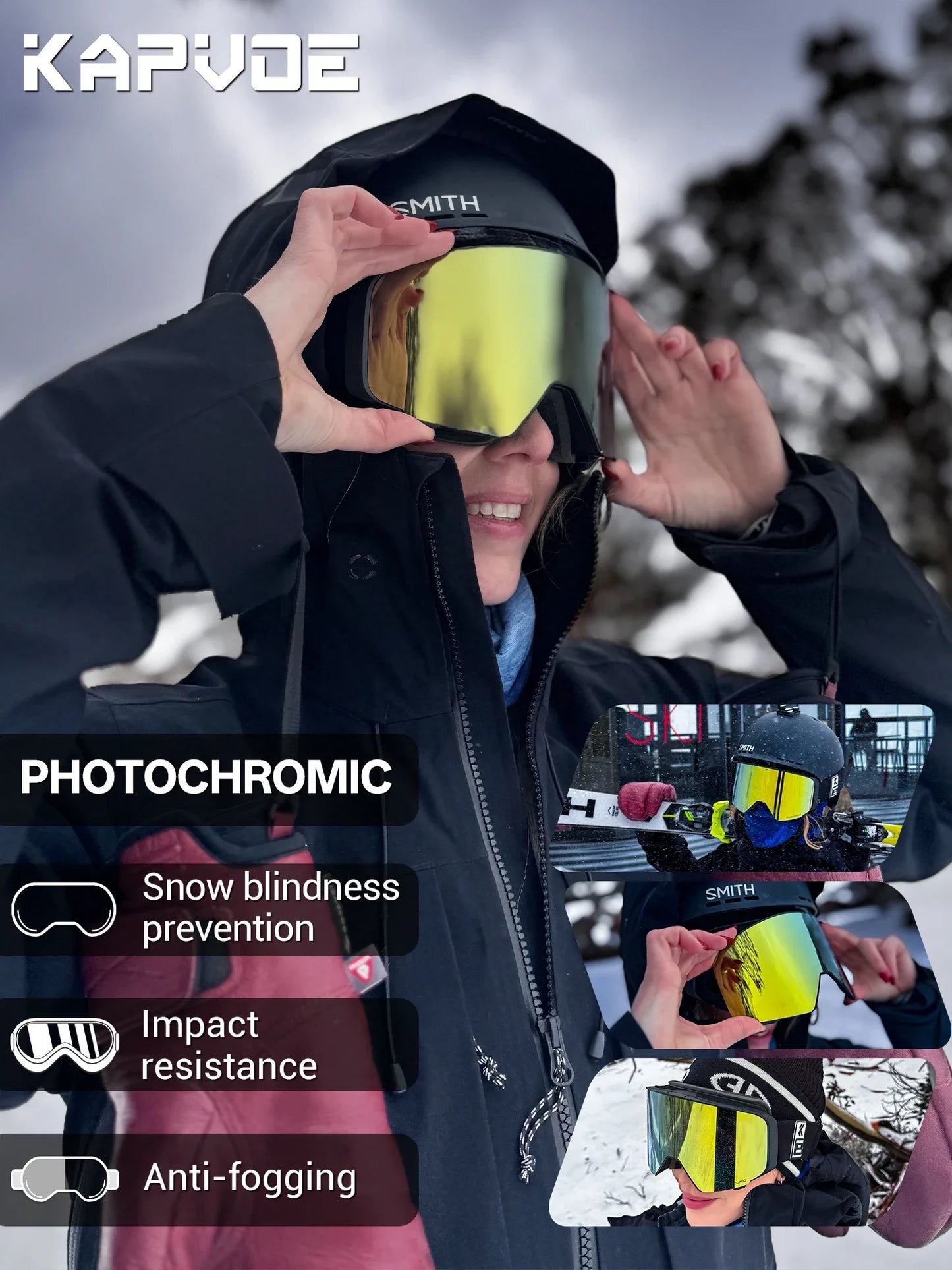 Kapvoe Outdoor UV400 Photochromic Snow Goggles Ski Goggles Snowmobile Snowboard Anti-Fog Mask Women Sports Protective Glasses