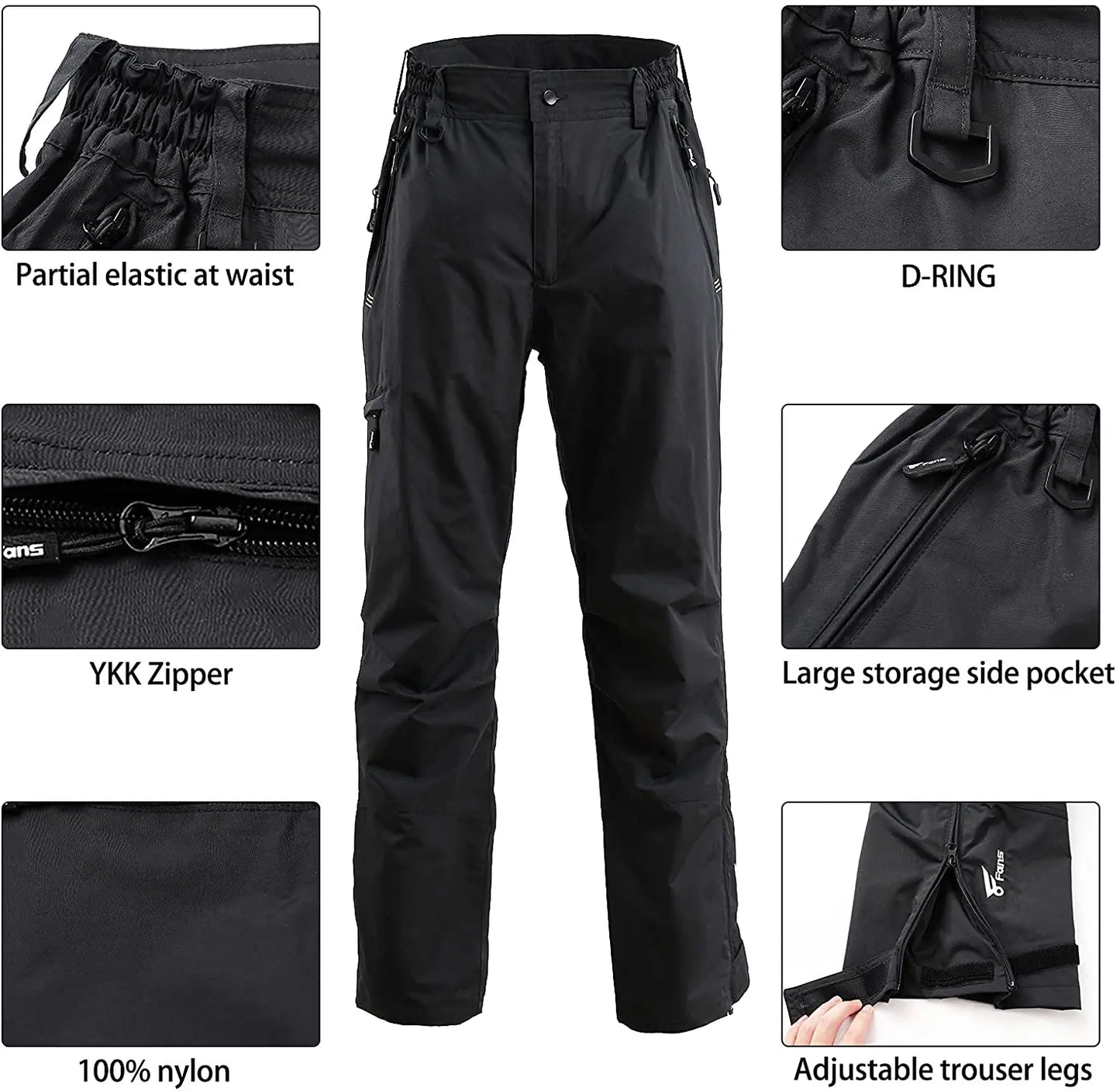 8 Fans 2-ply Fishing Hiking Trawler Pant with Pockets Outdoor Quick Dry Breathable Trouser for Men & Women Waterproof Black