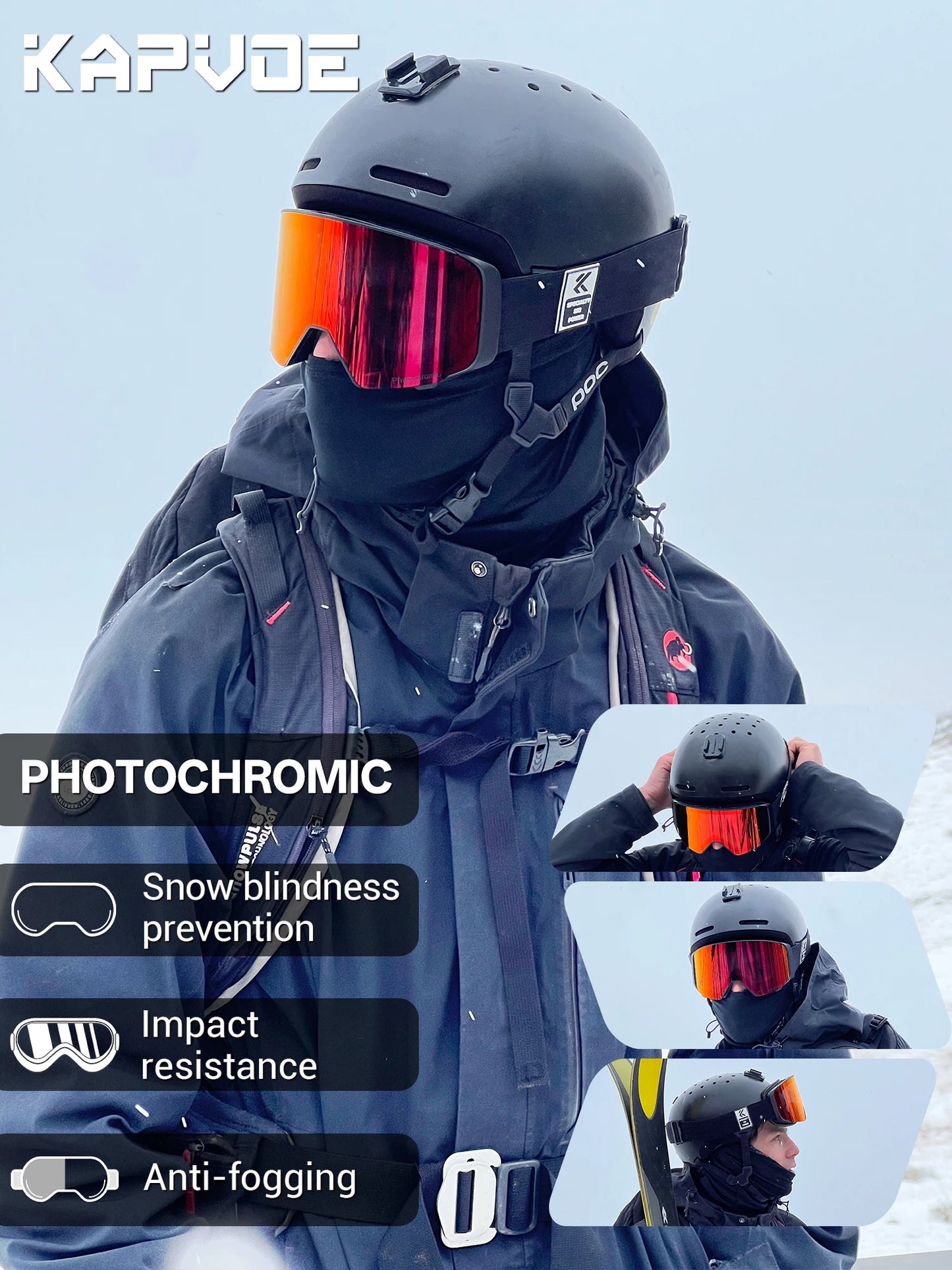 Kapvoe Outdoor UV400 Photochromic Snow Goggles Ski Goggles Snowmobile Snowboard Anti-Fog Mask Women Sports Protective Glasses